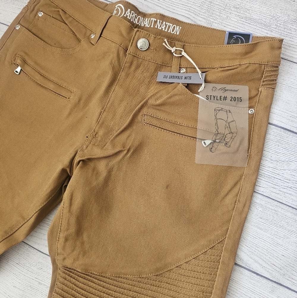 Men's Slim Straight Fit Biker Style Denim Jeans In Wheat/Timber - Picture 2 of 13